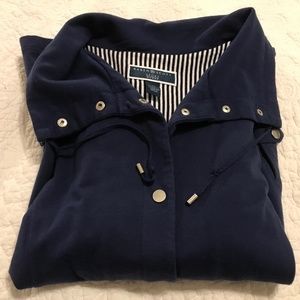 Karen Scott navy blue 3/4 sleeve spring jacket with pinstripe accents (2X)